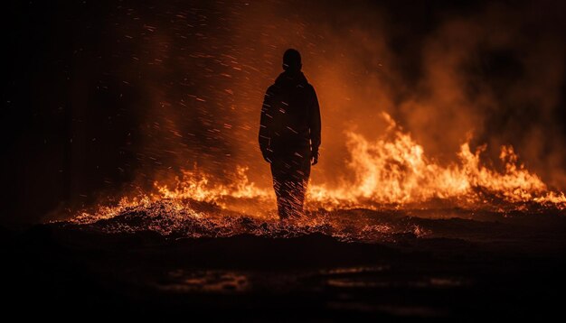 Silhouette standing in glowing inferno spraying flames generated by AI