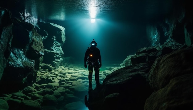 Silhouette standing on rock success in exploration generated by AI