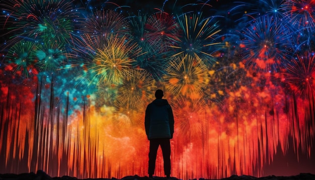 Free Photo silhouette standing in vibrant nature fireworks illuminate night generated by ai