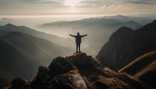 Silhouette standing victorious on top of peak generated by AI