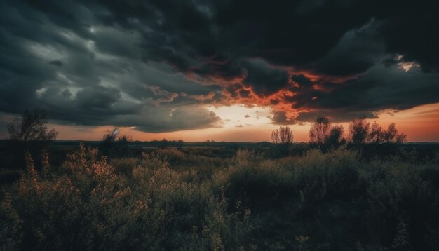 Silhouette of trees against dramatic orange sky generated by AI