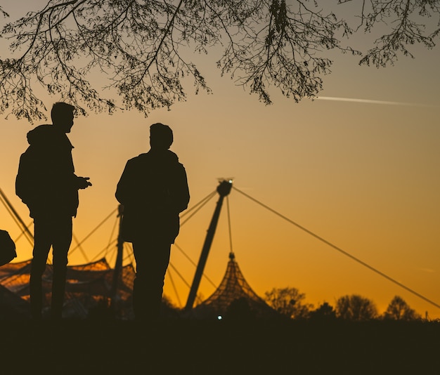 Silhouette of two people talking to each other under a tree during sunset