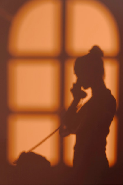 Free Photo silhouette of young woman at home with window shadows