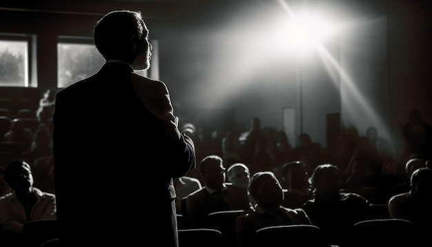 Silhouettes of businessmen applauding in backlit auditorium generated by AI