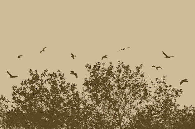 Free Photo silhouettes of tree and branches with flying birds on a beige background