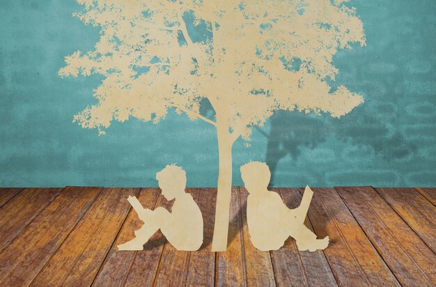 Silhouettes of trees and people on a wood