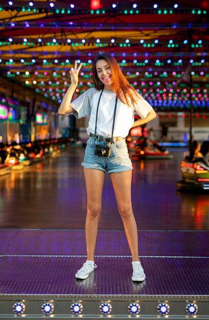 Silly woman at bumper cars