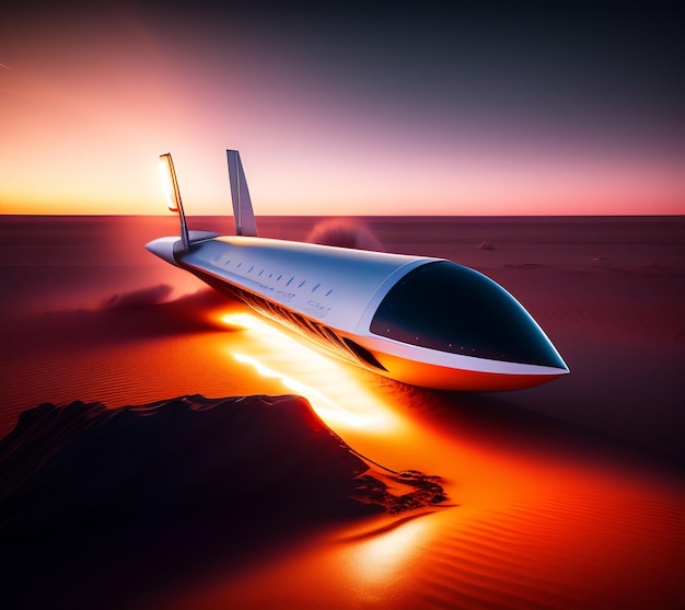 Free Photo a silver plane is flying in the desert with a sunset in the background.