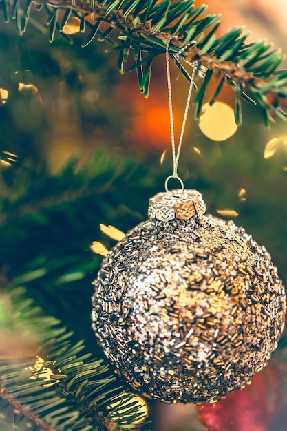 Free photo silver shiny christmas ball on a christmas tree branch closeup