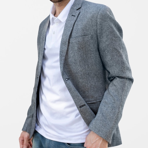 Simple polo shirt man wearing suit business look photoshoot