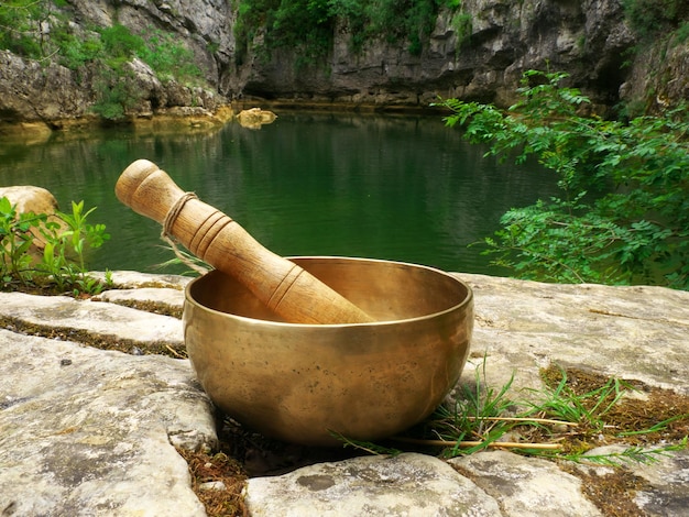 Singing bowl placed in the nature with the river in the background