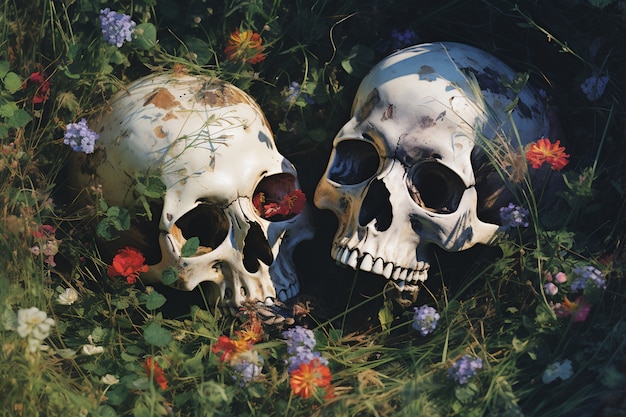 Free Photo skeleton couple posing with flowers