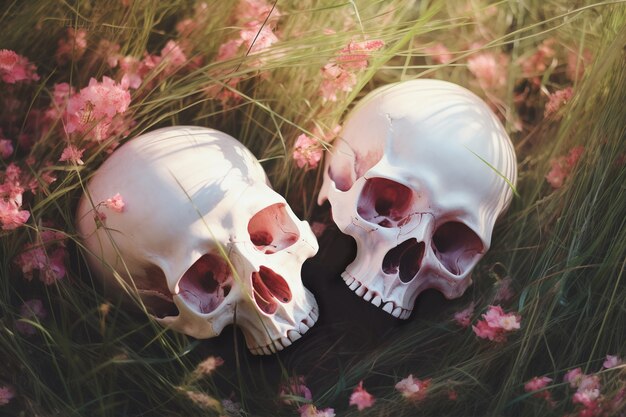 Skeleton couple posing with flowers