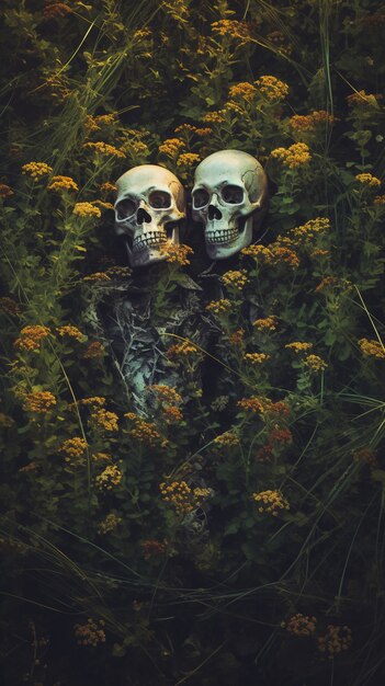 Skeleton couple posing with flowers