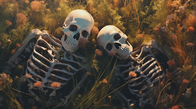 Free photo skeleton couple posing with flowers