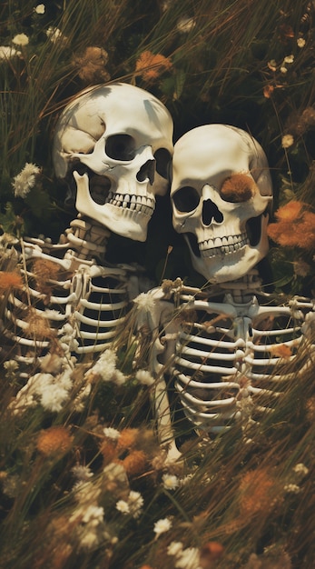 Free Photo skeleton couple posing with flowers