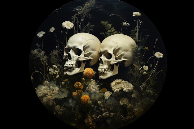 Skeleton couple posing with flowers