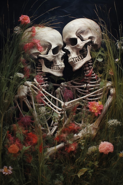 Free photo skeleton couple posing with flowers