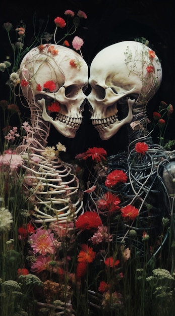 Free photo skeleton couple posing with flowers