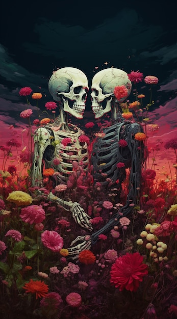 Free photo skeleton couple posing with flowers