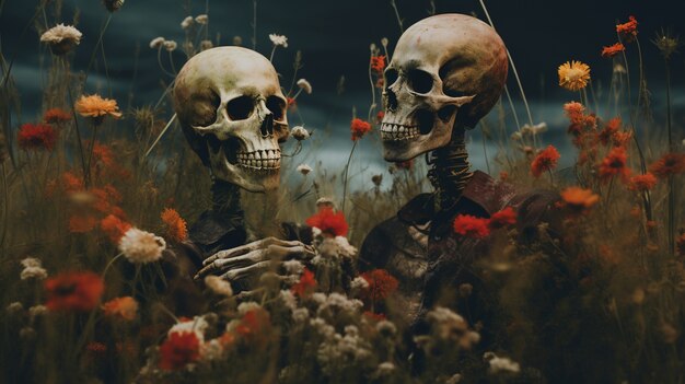 Skeleton couple posing with flowers