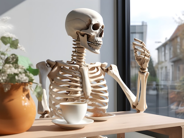 Free photo skeleton drinking coffee