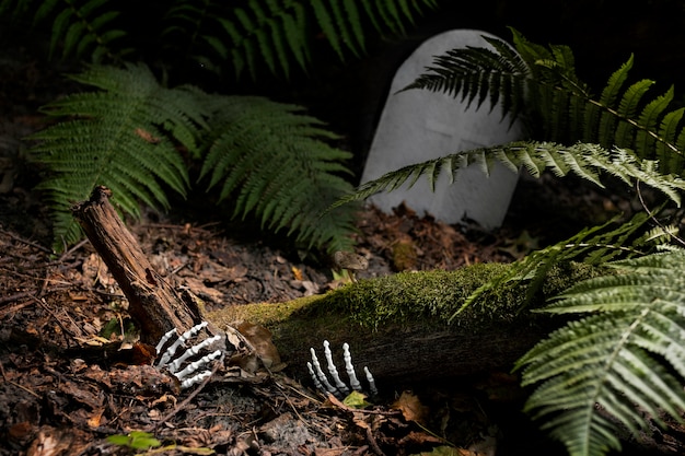 Free photo skeleton hands on the ground in a cemetery