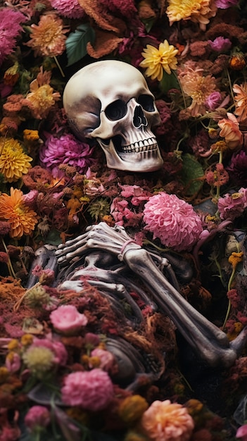 Free photo skeleton posing with flowers