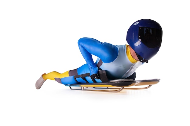 Skeleton sport Bobsled Luge The athlete descends on a sleigh on a white background