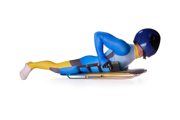 Skeleton sport Bobsled Luge The athlete descends on a sleigh on a white background