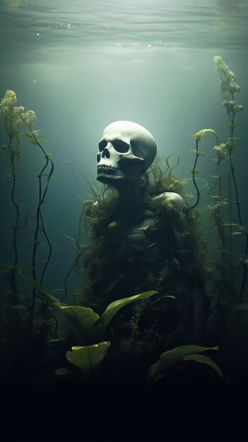 Skeleton with plants in water