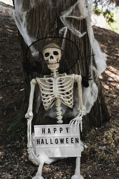 Free Photo skeleton in wizard hat holding halloween tablet near tree