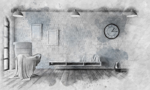 Free photo sketched image of a chair in modern apartment setting