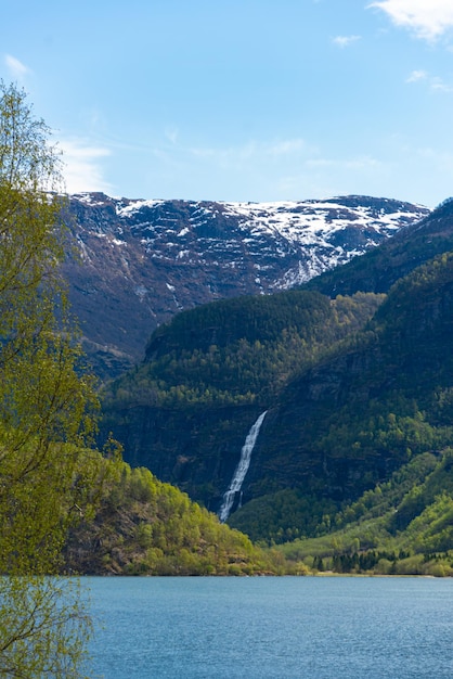 Skjolden Norway May 16 2023 Mountain and waterfall