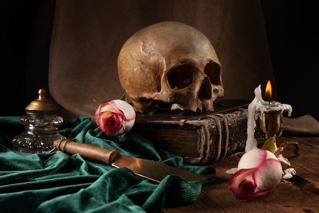 Free photo skull and candle arrangement still life