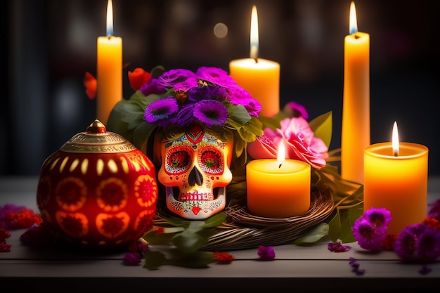 A skull and candles are displayed in front of a dark background.