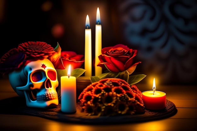 A skull and candles with roses on the background