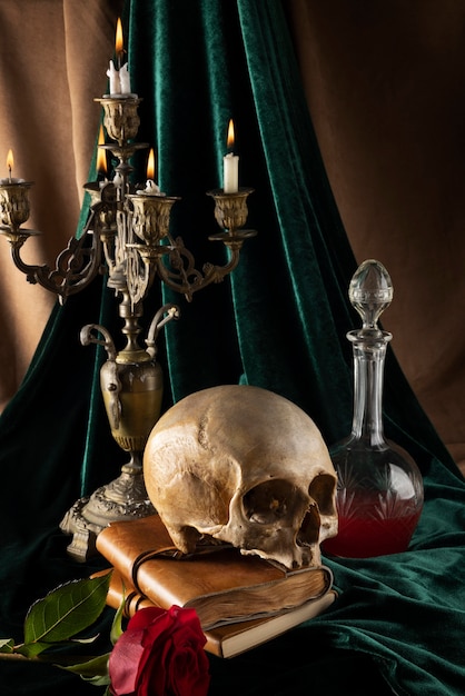 Free photo skull and flower arrangement still life