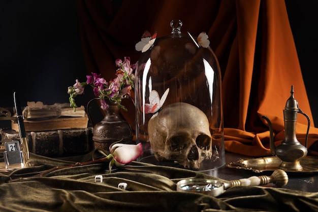 Free photo skull and flower arrangement still life