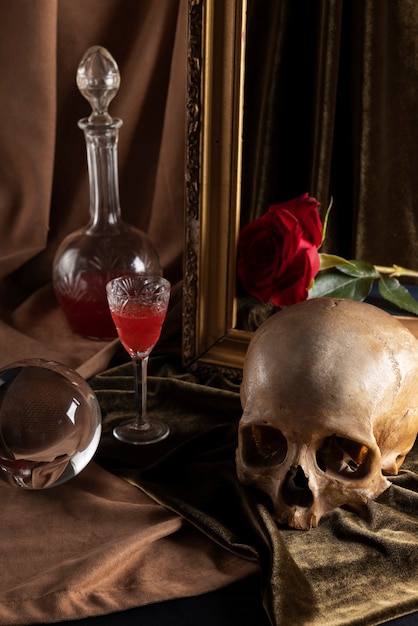 Skull and flower arrangement still life