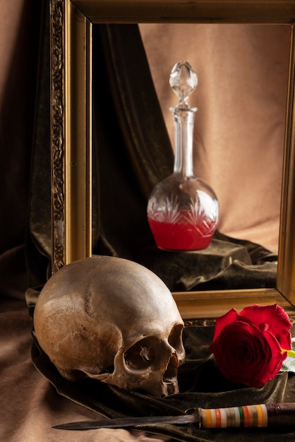 Skull and flower arrangement still life