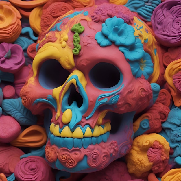 Free photo skull made of colorful plasticine 3d render illustration