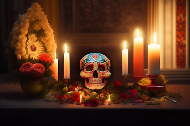 Free photo a skull with a floral design on it sits in front of a candle.