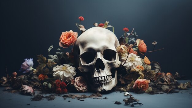 Skull with flowers in studio