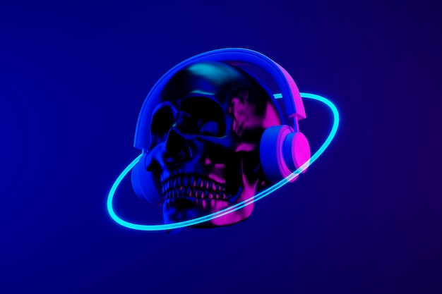 Free Photo skull with headphones and neon circle