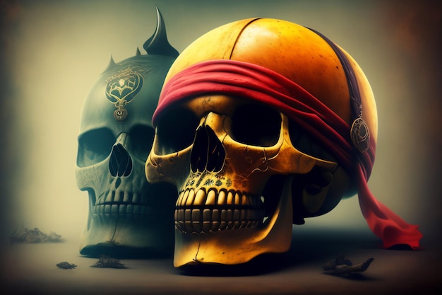 A skull with a red bandana on it and a black and white skull on the left.