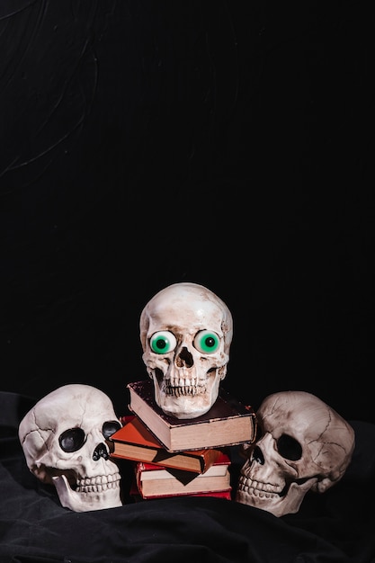 Free photo skulls and books on black canvas