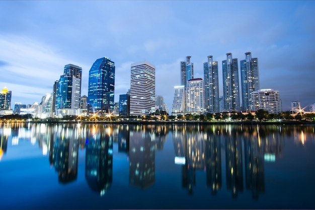 Skyline at night. View on building lake and downtown.