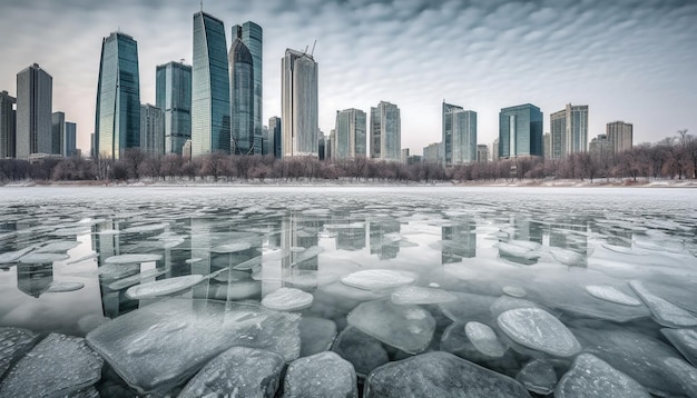 Free photo skyscraper windows reflect snowy cityscape at dusk generated by ai