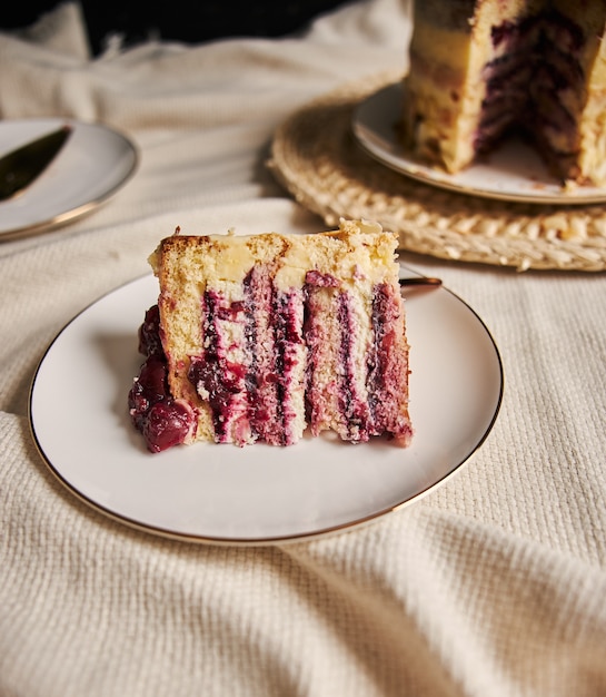 Free photo slice of cherry cake on a white plate